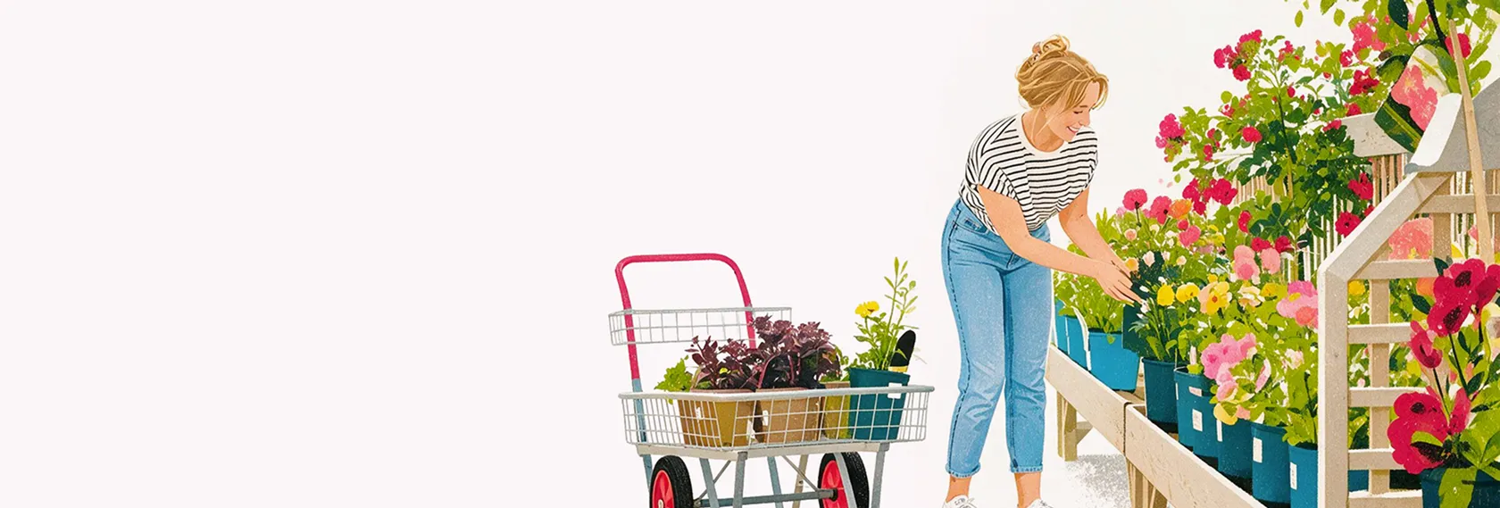 Femme choisissant des plantes fleuries dans une jardinerie colorée.
